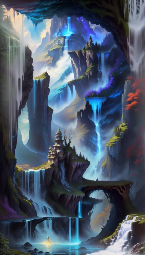 a painting of a waterfall with a waterfall in the middle, detailed fantasy digital art, magic fantasy highly detailed, highly detailed fantasy art, beautiful detailed fantasy, magical environment, magical background, magical landscape, intricate fantasy pa...