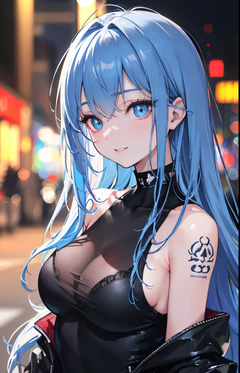 blue hair, 25-year-old woman, is in the center of a city at night, with neon lights in the background in the bustling city bokeh, Gopro camera, wearing black and white rock clothes, black tattoos, (realistic, photo-realistic:1.4),(8k, RAW photo, best quali...