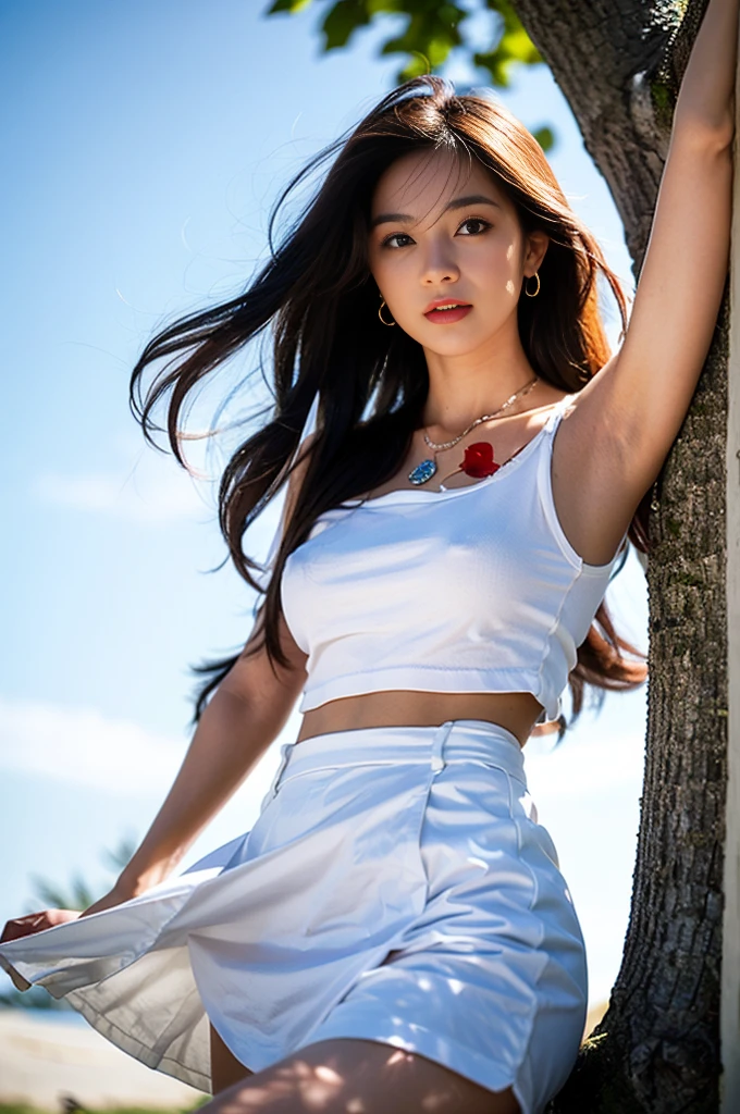 Documentary photo of a gorgeous 50 years old brunette woman. Lady standing at the roots of a tree in Matera, (sexy silhouette, long loose hair in the wind. (1woman) wears a classic long white vestal, long white skirt, (long white windy vestal:1.3), single bare shoulder, (long white skirt raised by wind). Wind lifts the skirt. sassi_di_matera landscape. Necklace and earrings, slightly open mouth, moles on skin. The wind lifts her skirt showing off her transparent laced torn panties. Upskirt in bright sunny day. Bare feet. Partially visible panties. Looking at viewer alluring, perfect face, slightly separated lips. slightly open mouth. Photorealistic solo woman. Visible pubic hair. Clear blue cloudy sky. Far frontal view. Photorealistic image. Tyndall effect.