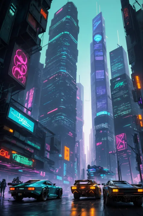 a digital illustration portraying a cyberpunk street scene akin to Syd Mead's visions, featuring neon-lit skyscrapers, futuristic vehicles, and a bustling crowd, predominantly in cool tones with accentuated cybernetic enhancements