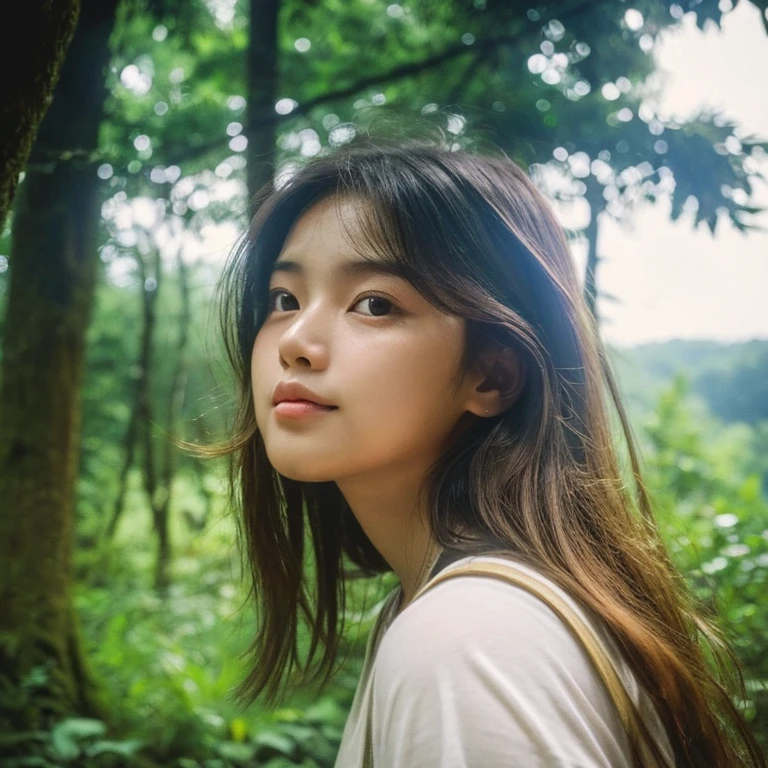 An ultra-high picture quality、Perfect Photo、An 18-year-old woman、in woods、Looking into the distance、put out one's forehead、Van lease available、Eye of the cut、Narrow-eyed、Round nose、Plump lips、large mouth、thick lips、Duck mouth、Pointed mouth、Touching the hair、
