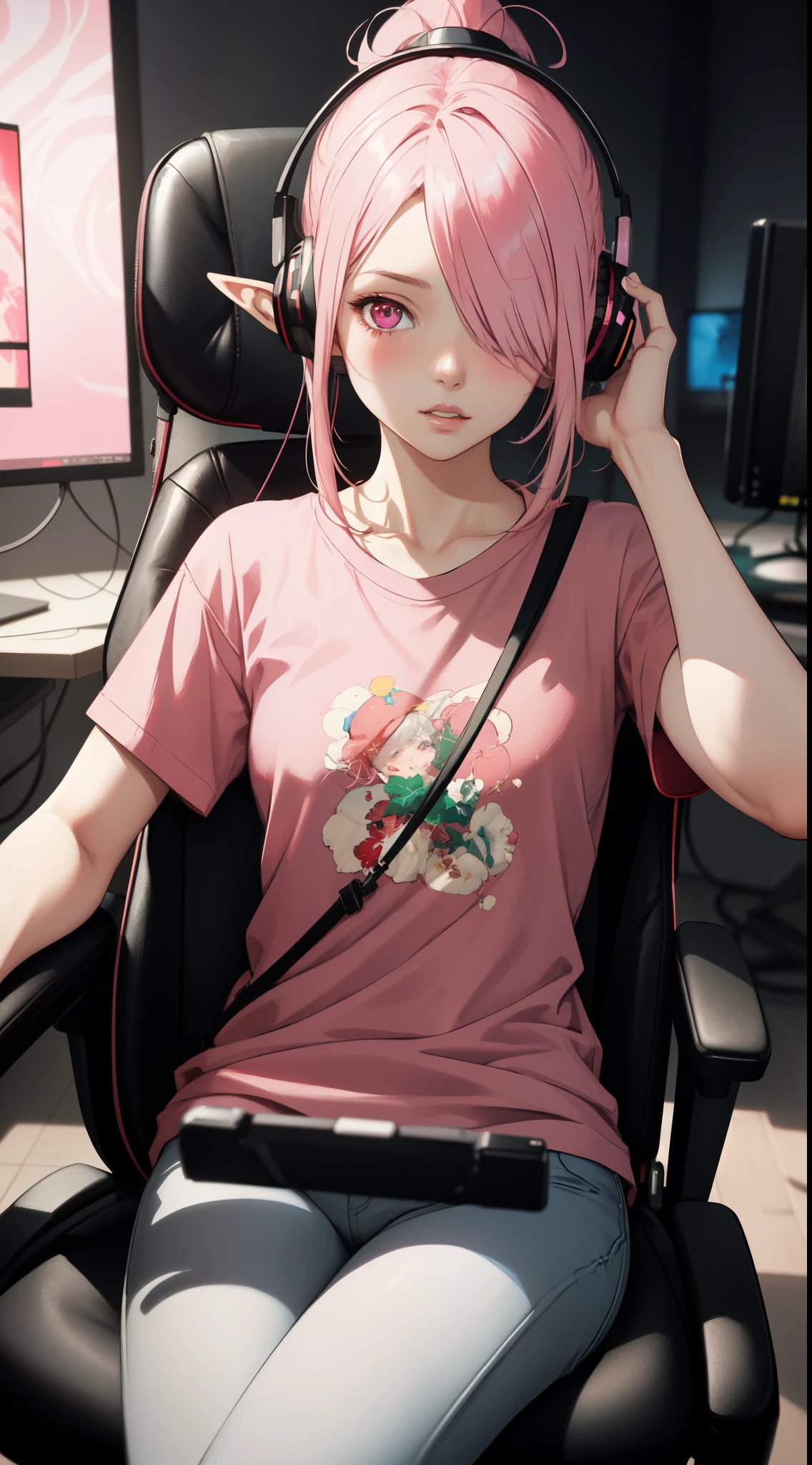 (masterpiece), (bestquality), (highlydetailed), (ultra-detailed), portrait of a cute elf girl,  (elf:1.1), (1girl), solo, half body, (sitting on gaming chair:1.2), extremely detailed beautiful face, blush, messy hair ponytail, parted bangs, (hair over one eye), pink eyes,parted lips, Long white t-shirt, (pink theme), Headphones, Cinematic lighting, (Depth of field:1.2), by artgerm, wadim kashin, Kawacy, Yusuke Murata.