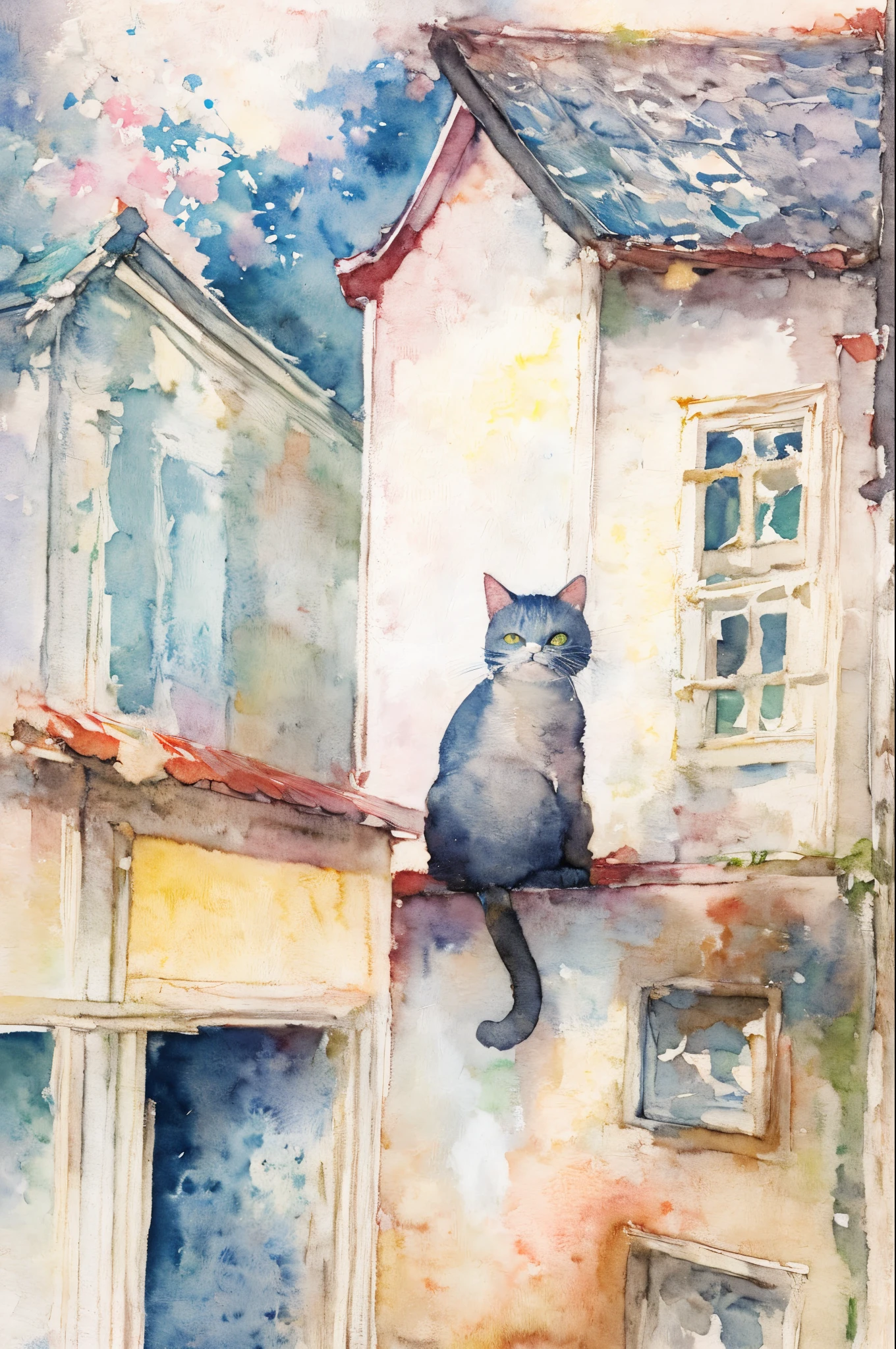 水彩画、貓、市中心、一隻貓回頭看