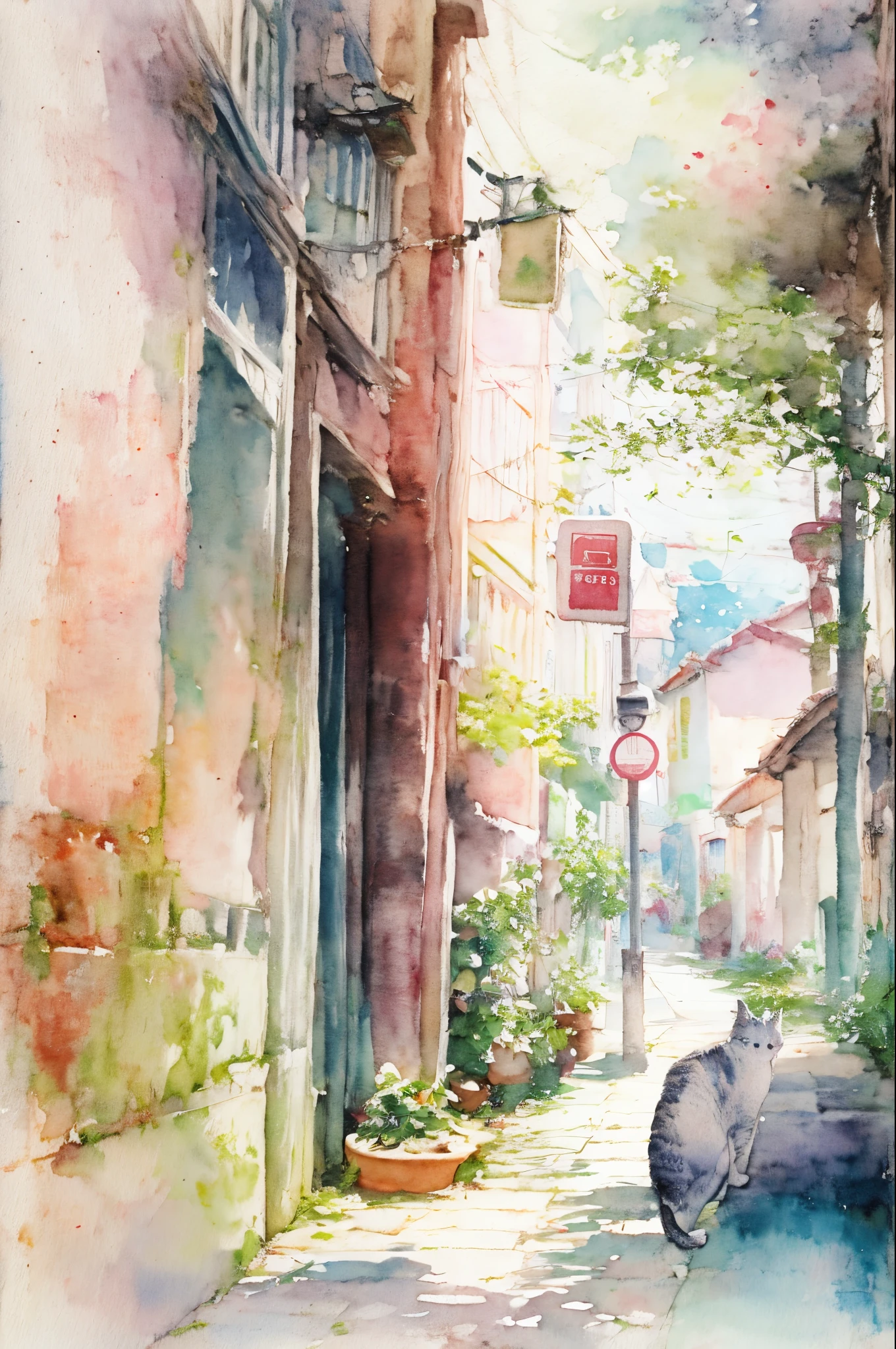 pintura em aquarela、gatos、centro da cidade、Um gato olhando para trás