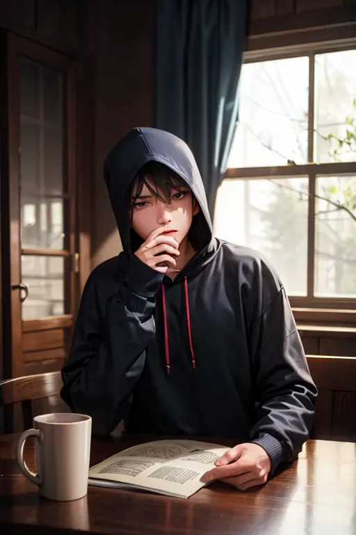 a man wearing a hoodie sitting faceless and arms on the table, with a hot coffee on the table, and a microphone with a stand bes...