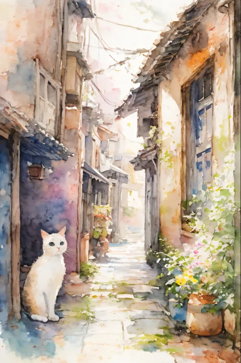 watercolor paiting、cats、downtown、cat looking back