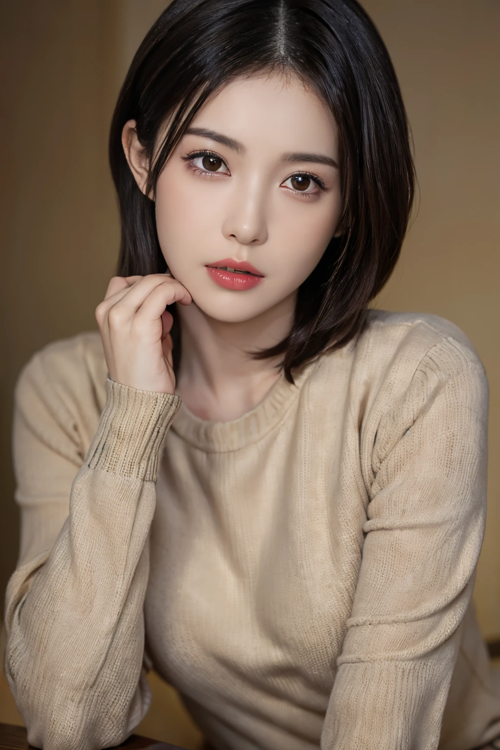 masuter piece, in 8K, Photorealsitic, Raw photography, top-quality, (1girl in), Beautiful face, (Lifelike face), (A darK-haired), (short-hair, Beautiful hairstyle, Realistic eyes, A detailed eye, (real looking skin), Beautiful skins, (gold sweater), enticing, 超A high resolution, A hyper-realistic, high-detail, the golden ratio,