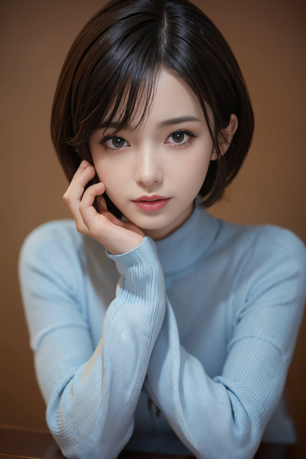 masuter piece, in 8K, Photorealsitic, Raw photography, top-quality, (1girl in), 美丽的面容, (Lifelike face), (A dark-haired), (short-hair, Beautiful hairstyle, Realistic eyes, A detailed eye, (real looking skin), Beautiful skins, (Light blue sweater), enticing, 超A high resolution, A hyper-realistic, high-detail, the golden ratio