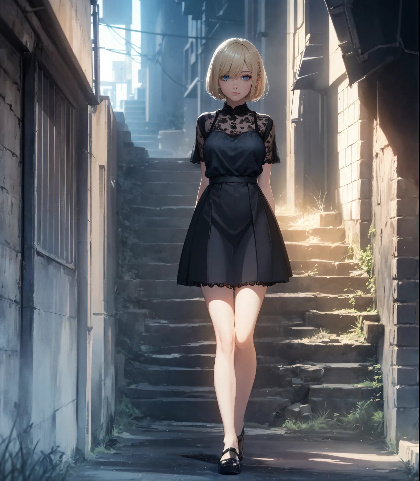 ((full body)), Short blonde hair，the night，A girl，lace black blouse, denim short skirt, deep shading，cold light，low tune，in the darkness nigth，RAW photogr，best qualtiy，tmasterpiece，Ultra-high resolution，Realistic1.5