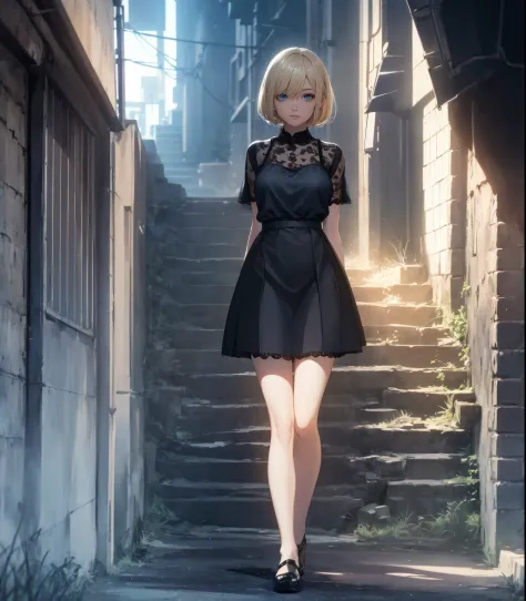 ((full body)), Short blonde hair，the night，A girl，lace black blouse, denim short skirt, deep shading，cold light，low tune，in the ...