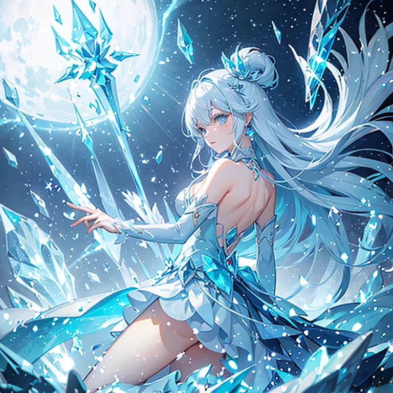 冰之精靈、閃亮的冰圖案服裝、冰城堡、兩把閃耀著蒼白光芒的劍、發光效果、漂浮在冰上、淺藍色頭髮、長毛