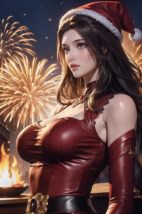 Masterpiece,  high resolution,  4k,  realistic,  1 beautiful woman,  wear santa costume,  wear red santa hat,  lively and warm,  playing with fireworks,  , fire