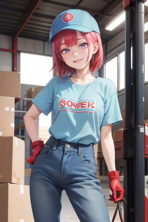 The face of the average idol of the Japan,and body shape, Smile, , Light blue short sleeve workwear, denim pant, Red gloves, Lig...