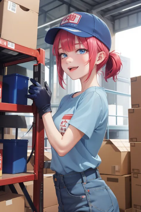 The face of the average idol of the Japan,and body shape, Smile, , Light blue short sleeve workwear, denim pant, Red gloves, Lig...