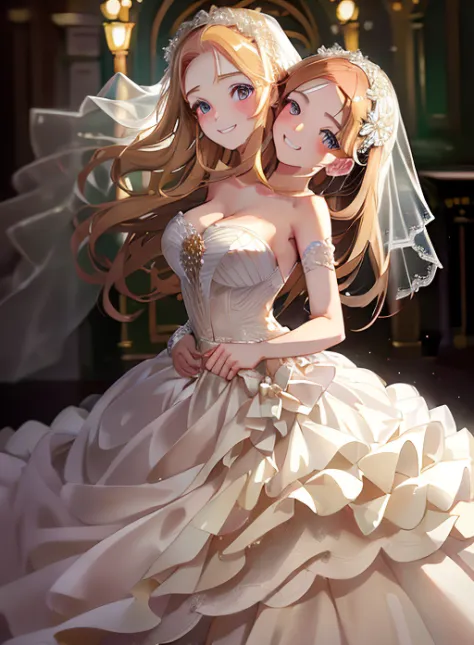 (best quality), (high quality), (detailed), (masterpiece), good artist, 1girl, (2heads:1.5), 1girl, smiling, wedding dress, wedd...