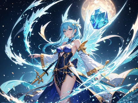 ice fairy、spirit、shiny costume with ice motif、big castle in the background、two swords that shine blue-white、bewitching effect、fl...