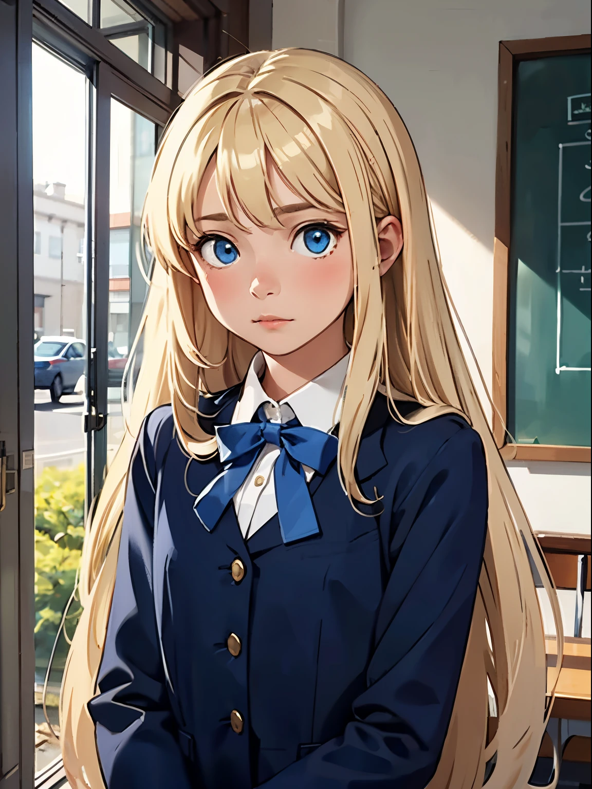 1 girl, blonde, very long hair, blue eyes, androgynous girl, boy school uniform, shy looking, beautiful