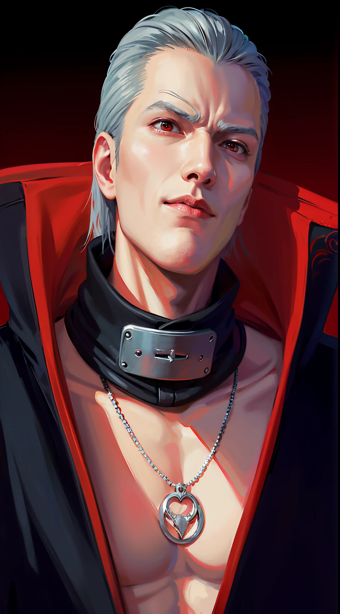 anime guy with a red cape and a necklace on his neck, son of sparda, roguish smirk, dante from devil may cry 2 0 0 1, dante from devil may cry, trigger anime artstyle, male vampire of clan banu haqim, menacing look, akatsuki akira, tsurumaki kazuya