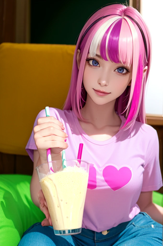 Anipoma 1,(masutepiece, Best Illustration, Best Manga), (Solo), 1girl in, violet eyes, (Shiny skin, Soft hair), (Have a milkshake), (bright pink two-tone hair:1.3), (Wearing a Led Zeplin T-shirt, Denim jeans), (extreme light and shadows, Volumetric lighting, Rim lighting), (Daylight:.5), (Rainbow Light, Light leak), (Seductive, Smirk), Manga Dusk 1, Manwha 1