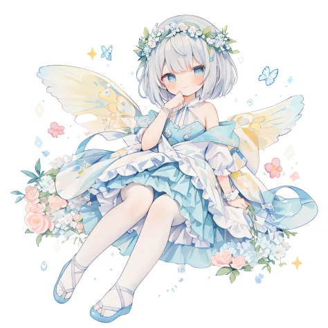 1girl in、(PastelColors:1.3)、(Cute illustration:1.3)、(watercolor paiting:1.1)、On White Background、jumpping、levitation、A smile、Aster Harmony Garden Sprite,White snow、Noelle、silber hair、
Jumpsuit with oversized butterfly wings in pastel colors,
Playful ruffle...