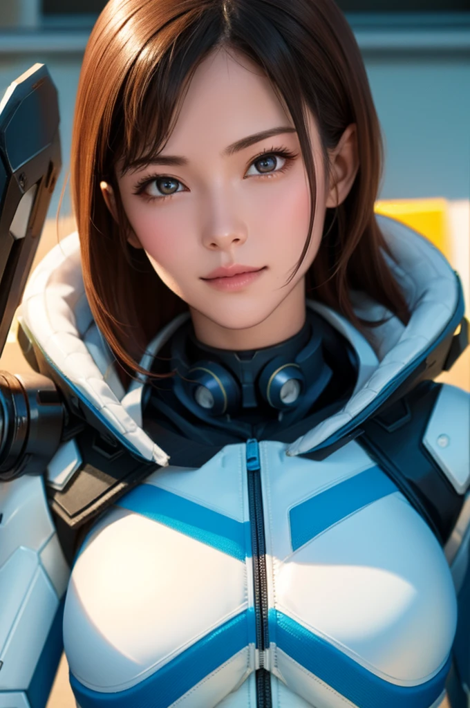 masutepiece, Best Quality, A hyper-realistic, ultra-detailliert, 8K resolution, Raw photo, Sharp Focus, (1girl in), Solo, gorgeous faces, Perfect body, maturefemale, 25-years old, Portrait, mechs, White armor, Nanosuit, Sexy, hair messy, Cinematic, Cinematic Light, Dark theme, Background with, Miscellaneous science fiction futuristic city