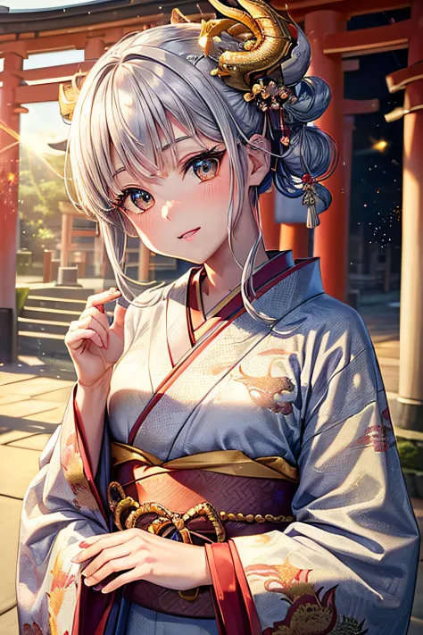 ((worst quality, low-quality)), ((girl with)), Solo, (a closeup:1.3), (facefocus,:1.4), ((half updo, Silver hair)), clear eyes and plump, Glossy lips, Gold eyes):1.2), Spoken Heart, (perfect hand:1.3), (traditional Japanese clothing:1.2), (wearing a kimono...