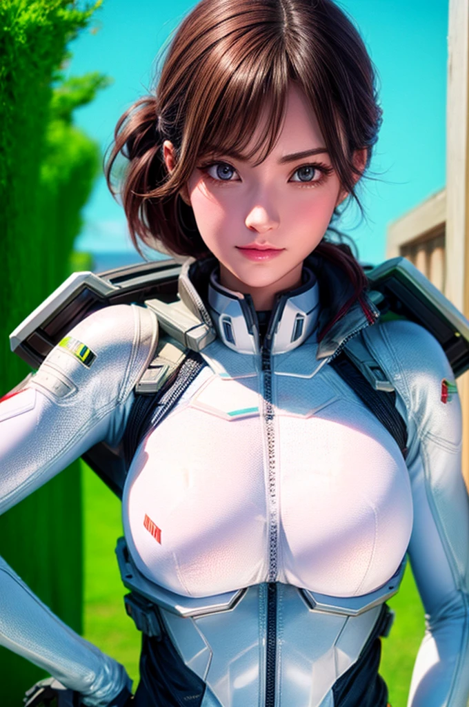 masutepiece, Best Quality, A hyper-realistic, ultra-detailliert, 8K resolution, Raw photo, Sharp Focus, (1girl in), Solo, gorgeous faces, Perfect body, maturefemale, 25-years old, Portrait, mechs, White armor, Nanosuit, Sexy, hair messy, Cinematic, Cinematic Light, Dark theme, Background with, Miscellaneous science fiction futuristic city