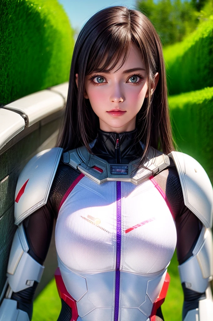 masutepiece, Best Quality, A hyper-realistic, ultra-detailliert, 8K resolution, Raw photo, Sharp Focus, (1girl in), Solo, gorgeous faces, Perfect body, maturefemale, 25-years old, Portrait, mechs, White armor, Nanosuit, Sexy, hair messy, Cinematic, Cinematic Light, Dark theme, Background with, Miscellaneous science fiction futuristic city