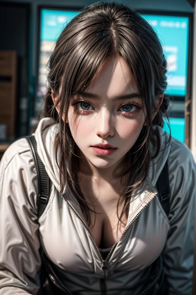 masutepiece, Best Quality, A hyper-realistic, ultra-detailliert, 8K resolution, Raw photo, Sharp Focus, (1girl in), Solo, gorgeous faces, Perfect body, maturefemale, 25-years old, Portrait, mechs, White armor, Nanosuit, Sexy, hair messy, Cinematic, Cinematic Light, Dark theme, Background with, Miscellaneous science fiction futuristic city