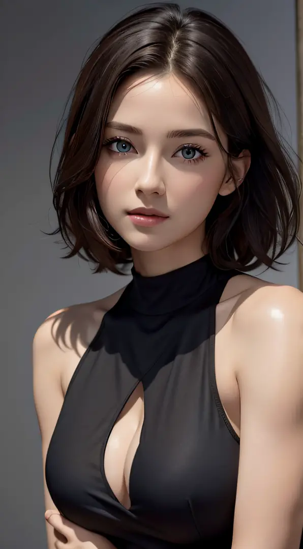 Skin Tight Black Top:1.2, Looking at Viewer, Cinematic lighting, Perfect, softlight, High resolution skin:1.2, Realistic skin texture, 30 years old mature woman、a small face、no-makeup、, off shoulders,Bust B Cup、 Exposed cleavage, Blue eyes, Short hair, dar...