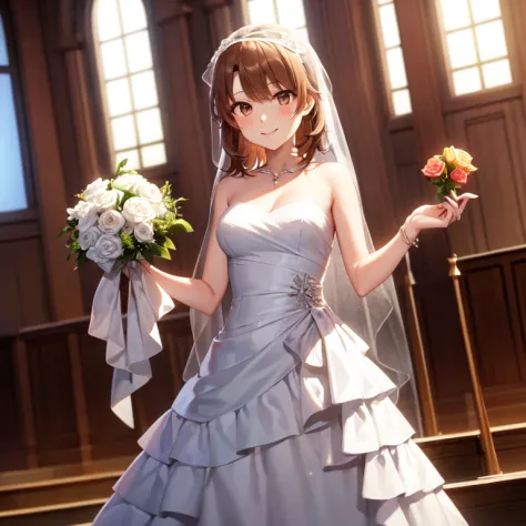 Isshiki Roha, shorth hair, brown haired, Brown-eyed, weddingdress，veils，association，chapel，A smile, Solo，holding a bouquet in ha...