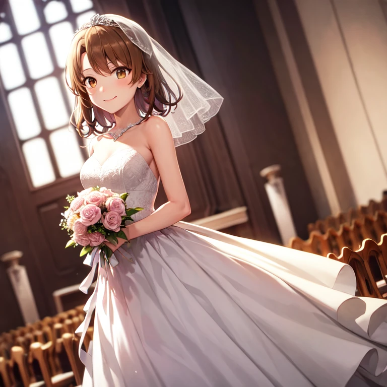 Isshiki Roha, shorth hair, brown haired, Brown-eyed, weddingdress，veils，association，chapel，A smile, Solo，holding one flower bouquet with both hands