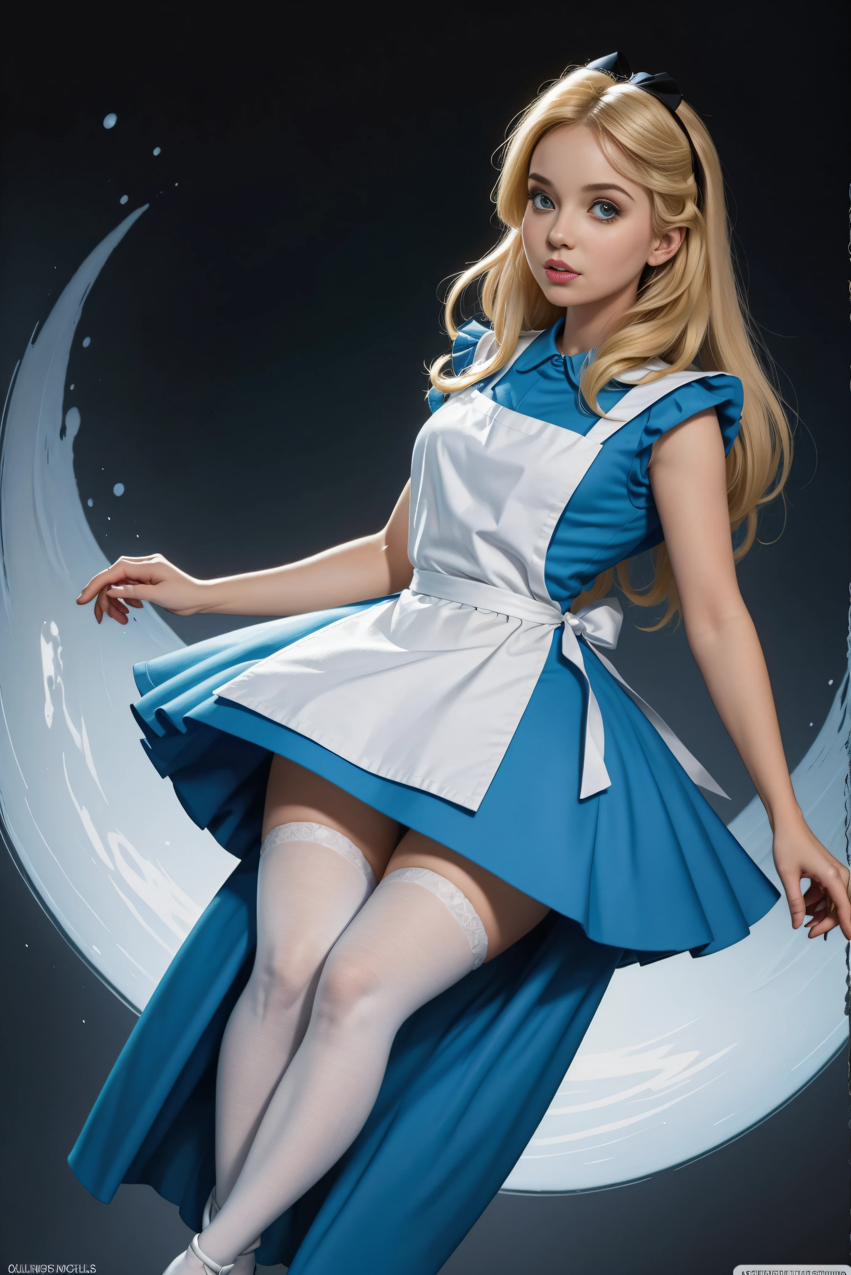 masterpiece, 1girl, solo, a cute Alice in Wonderland with blonde hair, powder blue dress with white apron, (white stockings), dynamic, ultra high def, 32k, (perfect anatomy:1.5), perfect legs, in the style of Artgerm and Adam Hughes, perfect arms,