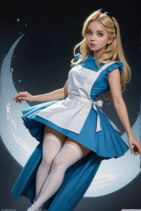 masterpiece, 1girl, solo, a cute Alice in Wonderland with blonde hair, powder blue dress with white apron, (white stockings), dy...