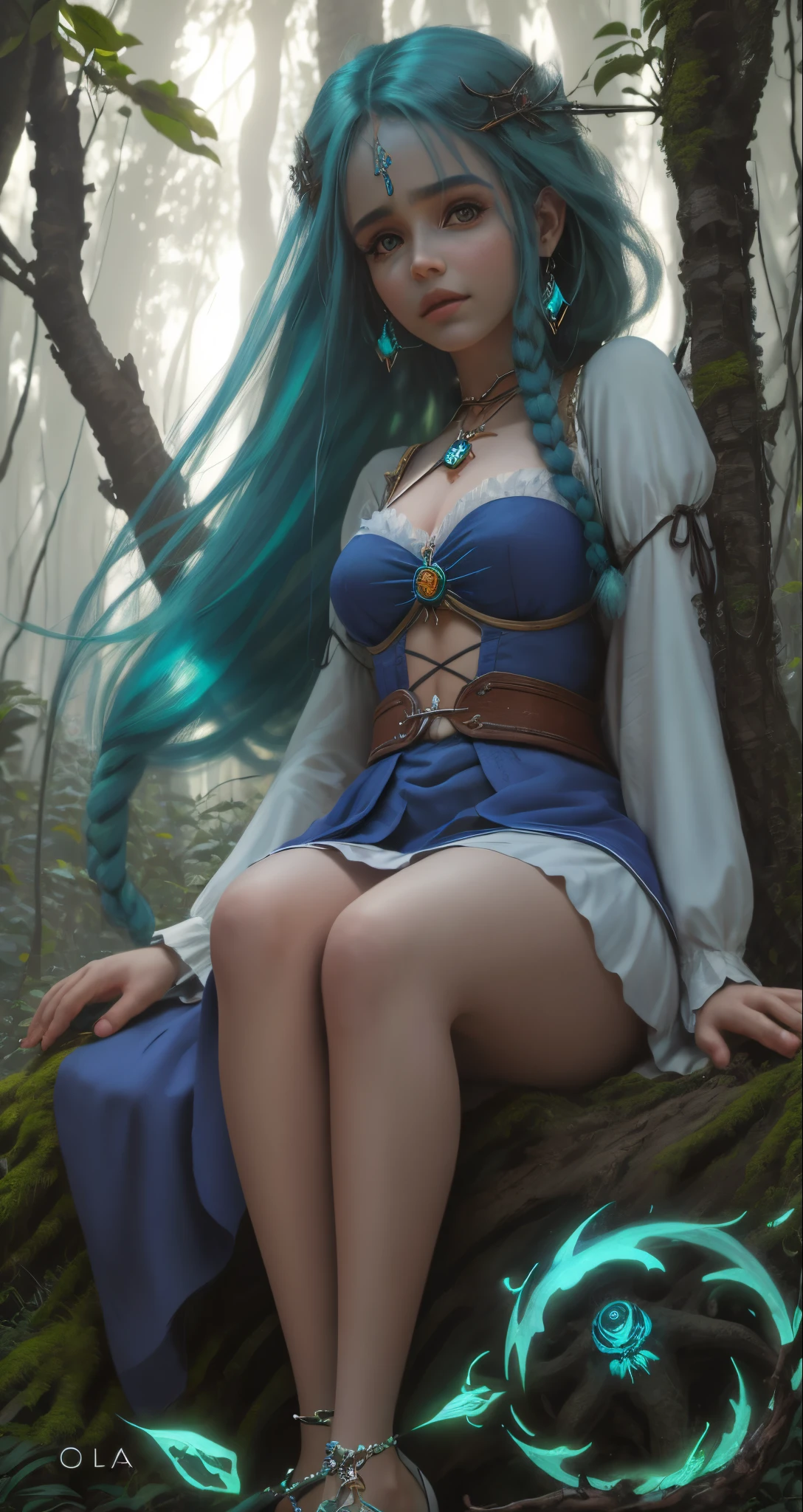 garota de cabelo azul, uma garota na floresta, fantasy movie poster, garota de cabelo azul,  garota em uma floresta ao anoitecer, por do sol, Jinx de Arcane