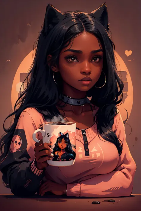 One Dark skin young woman with long jet black hair and clearly detailed big brown eyes, ebony nose, a pink coffee mug, curious b...