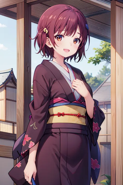 (best quality), absurdres, highres, extremely detailed CG, ayaka_tachibana_imocho, short_hair, brown_hair, brown_eyes, one_side_up, large breasts, japanese_clothes, kimono, hanten_\(clothes\), 1girl, toothy smile