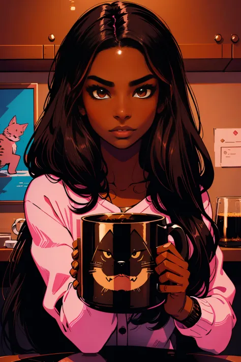 One Dark skin young woman with long jet black hair and clearly detailed big brown eyes, ebony nose, a pink coffee mug, curious b...