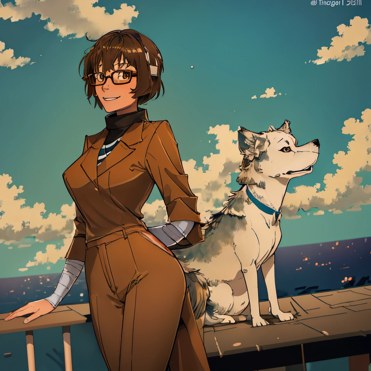 Young woman tan complexion and a blueish gray wolf cut that fades into orange she  wearing a brown turtleneck khaki slacks and thin round golden glasses she appears to be in her early twenties she seems very happy despite her everyday/approachable appearance