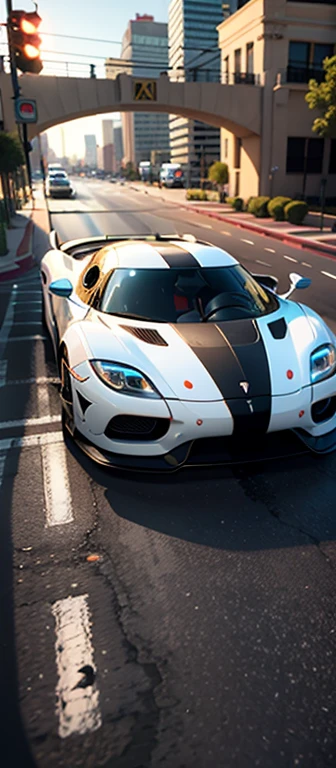 Koenigsegg (Sintonizado, pintura blanco detalles rojos brillantes), en las calles de las Vegas, Perfecto, estropear(cristalino, esmeralda), atardecer, 4k, realista, photo, cinematic, 3d render, vibrant