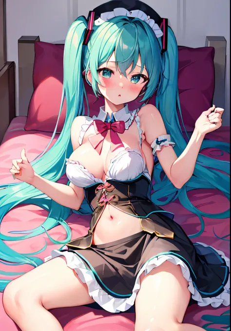 tmasterpiece、Picture quality、超高分辨率、NSFW、middlebreast，Big breasts Hatsune Miku、blue hairs、Two-tailed blush、、Open chest maid outfit、a skirt，will double、There are striped ones、Lie down in bed、Bedrooms、natta，Touch below