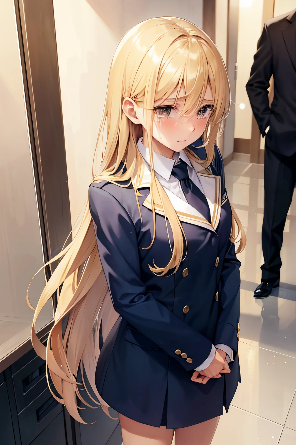 Anime girl in uniform standing in a hallway with a man in the background -  SeaArt AI