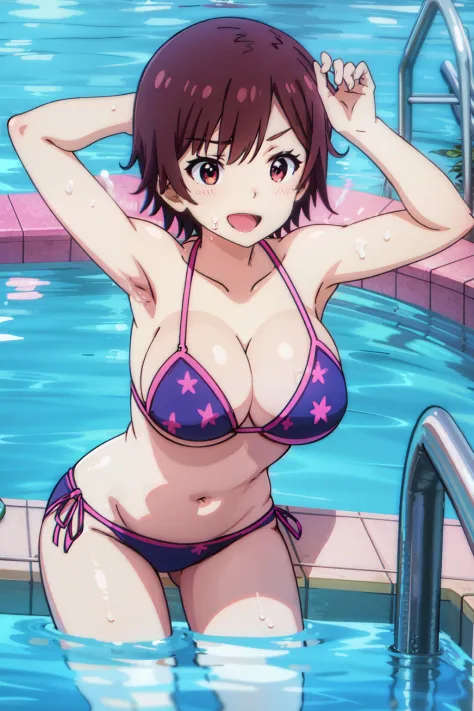 absurdres, highres, ayaka_tachibana_imocho, bikini, pool, swimsuit, water, large breasts, leaning forward, cleavage, armpit, from above, laughing