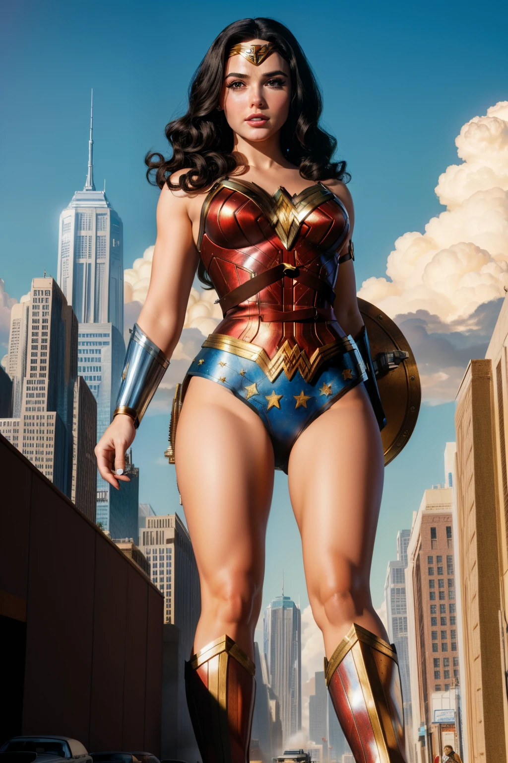 Wonder woman in a superhero costume standing on a city street - SeaArt AI