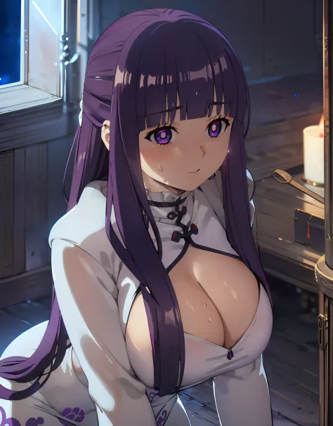 (Best Quality, Masterpiece),sexy, erotic, 1girl, 18 years old, Contempt, pride, long purple hair, ((purple eyes)), looking at viewer, medival tabern, (close up), ((dark room)), sweat, candle lit, (((blushing))), ((cleavage)), ((tight chinese dress))