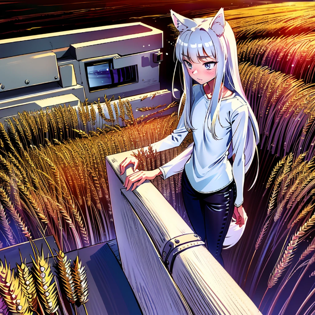 8k resolution, high quality, high resolution, best quality, best resolution, absurd resolution, ray tracing, high detailed, white hair, female,white wolf ears, teenage girl, slim body, tomboy, beautiful yellow eyes,wolf tail , detailed blue eyes, beautiful face,black leggings, dark grey shorts, white long sleeve shirt, medium size chest, long white hair