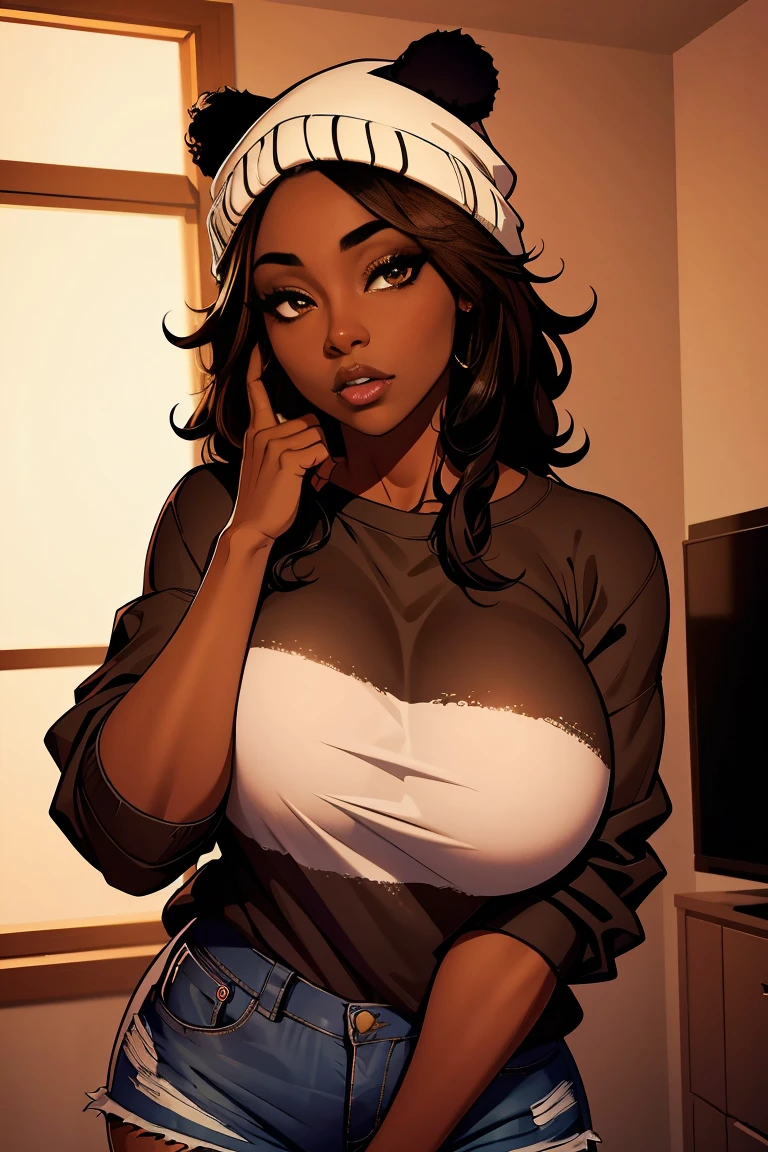 Темнокожая чернокожая молодая женщина в огромной, пушистой приталенной рубашке, четко очерченные карие глаза