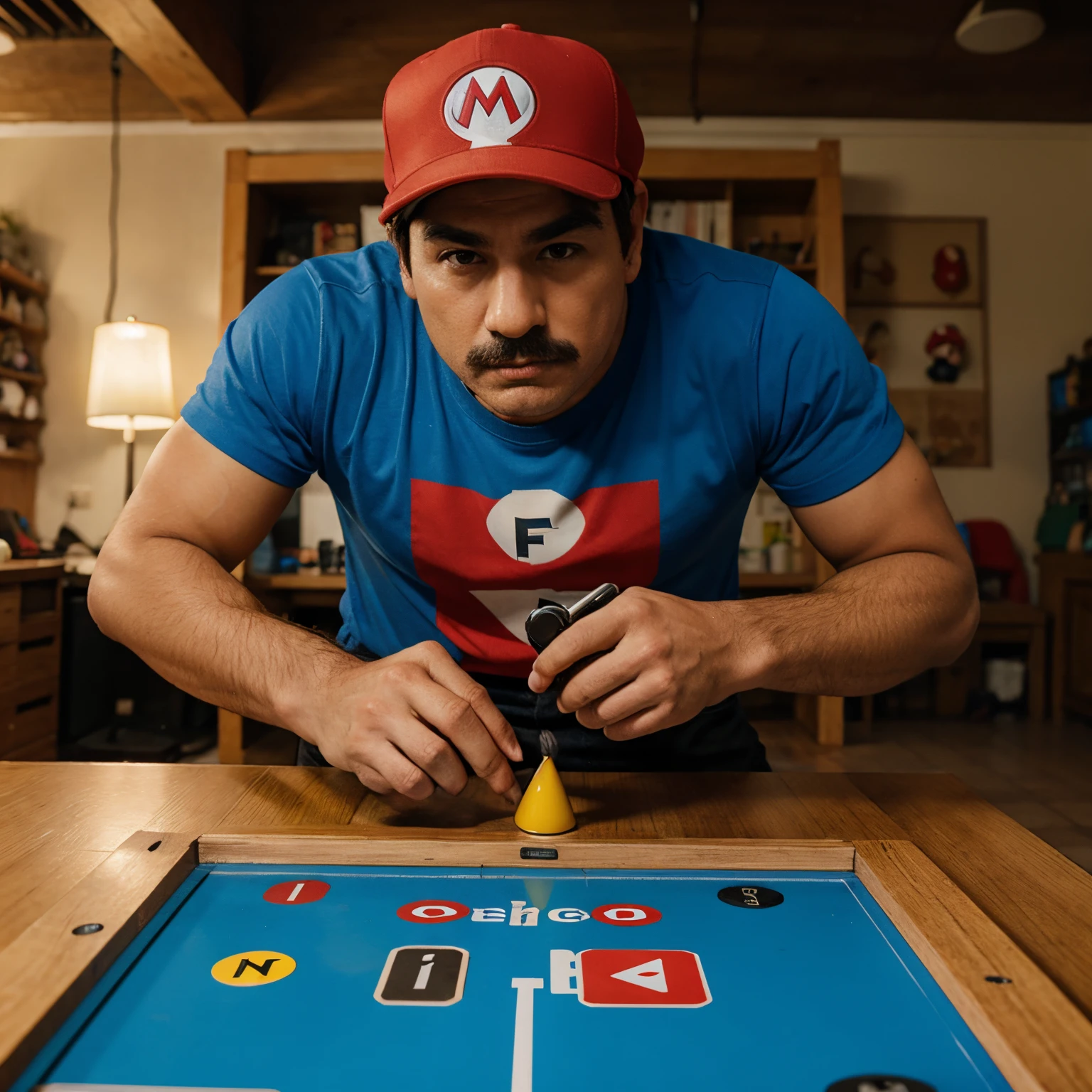 Arafed man in a blue shirt and red hat playing a game of mario bros -  SeaArt AI