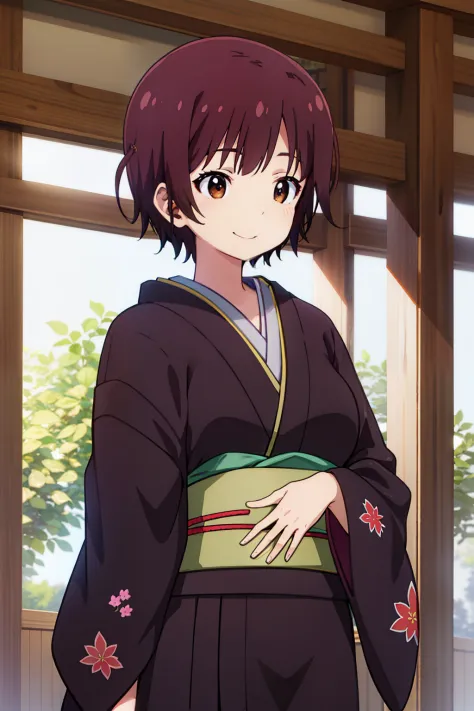 (best quality), absurdres, highres, extremely detailed CG, ayaka_tachibana_imocho, short_hair, brown_hair, brown_eyes, one_side_up, large breasts, japanese_clothes, kimono, hanten_\(clothes\), smile