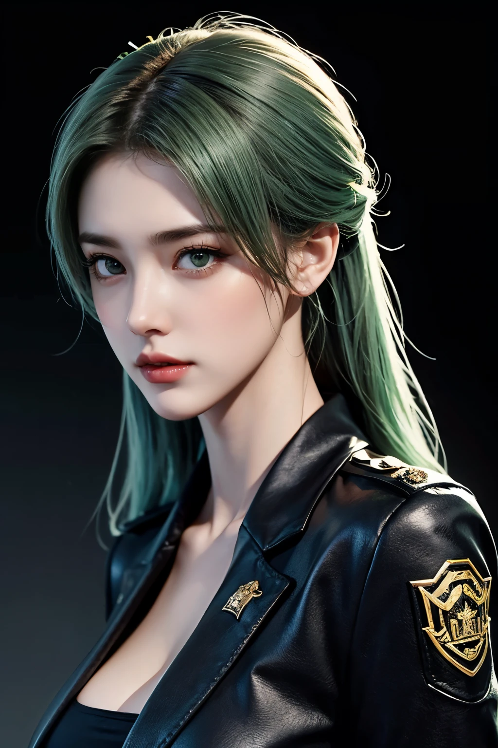 tmasterpiece，Best quality，A high resolution，8K，(sportrait)，((Head close-up))，(Original photo)，real photograph，digital photography，(Cyberpunk-style women in uniform:1.2)，(Professional women)，20岁女孩，Random hairstyles，Red eyelue-green gradient hair)，Serious and obsessed，Cleavage， accessories，Redlip，Keep your mouth shuegant and charming，Serious and arrogant，Calm and handsome，(Sci-fi style business attire for women)，Photo pose，Realisticstyle，gray world background，oc render reflection texture